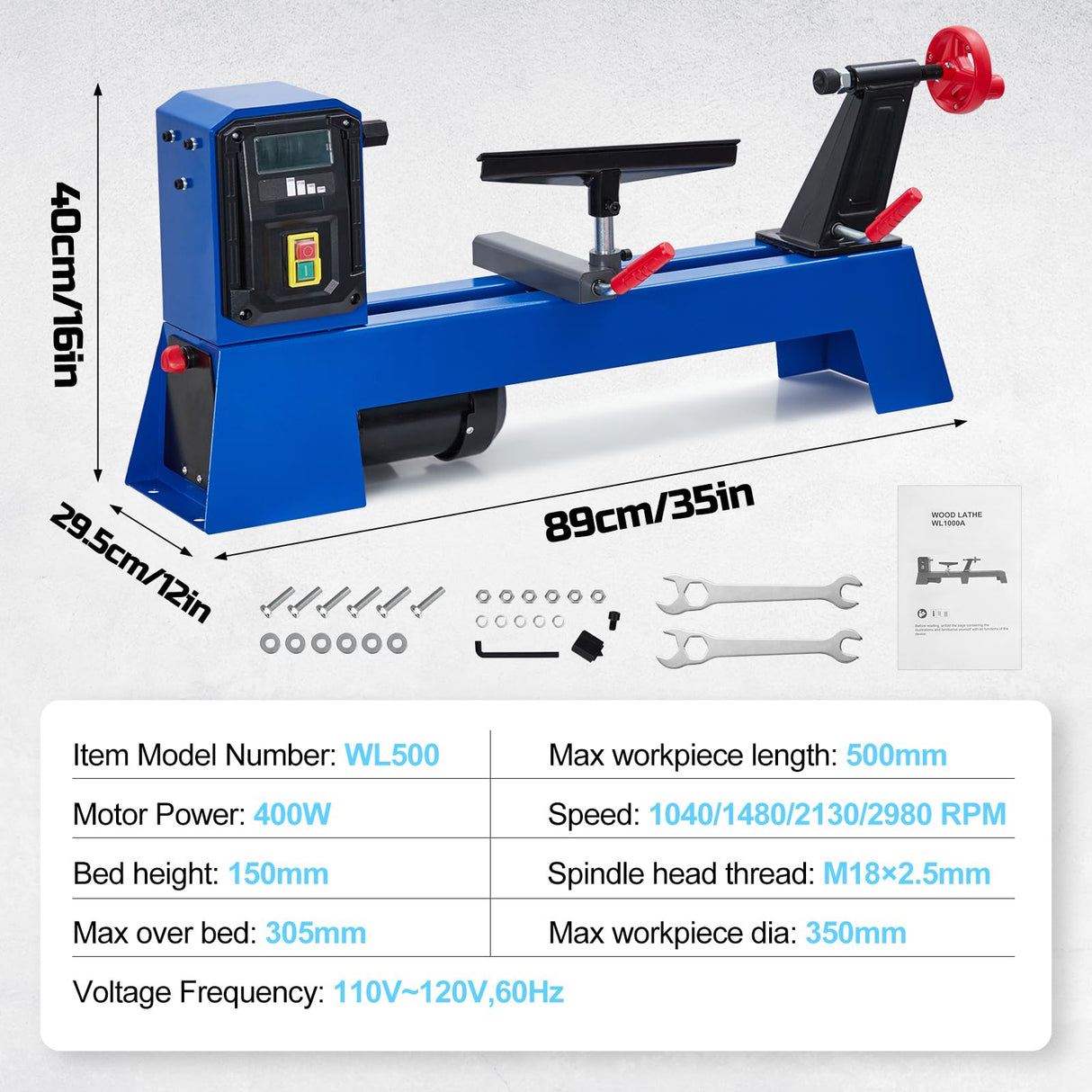 0.54 HP Benchtop Wood Lathe 14" x 20" High-Power Wood Lathe Machine with 4 Variable Speeds 1040 1480 2130 2980 RPM Complete Tool Set for Woodworking ExploreHorizon