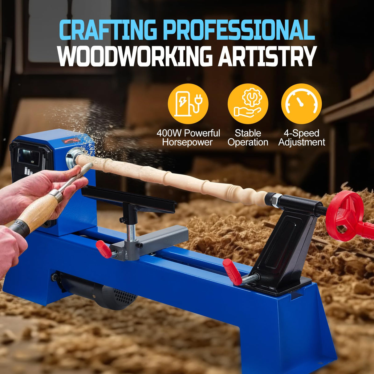 0.54 HP Benchtop Wood Lathe 14" x 20" High-Power Wood Lathe Machine with 4 Variable Speeds 1040 1480 2130 2980 RPM Complete Tool Set for Woodworking ExploreHorizon