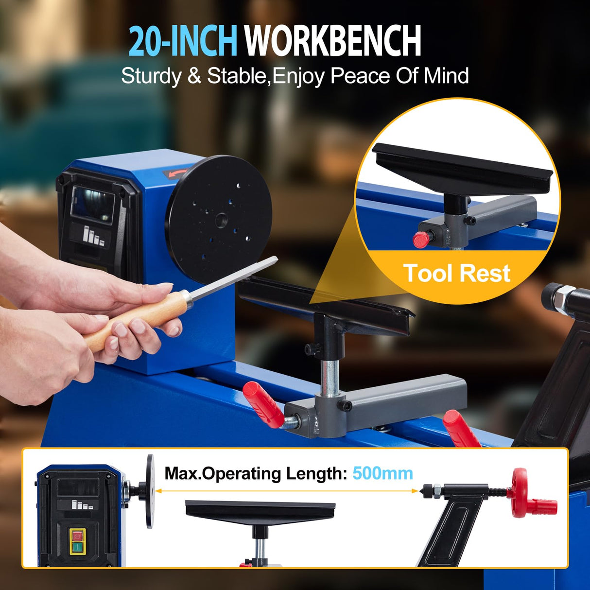 0.54 HP Benchtop Wood Lathe 14" x 20" High-Power Wood Lathe Machine with 4 Variable Speeds 1040 1480 2130 2980 RPM Complete Tool Set for Woodworking ExploreHorizon