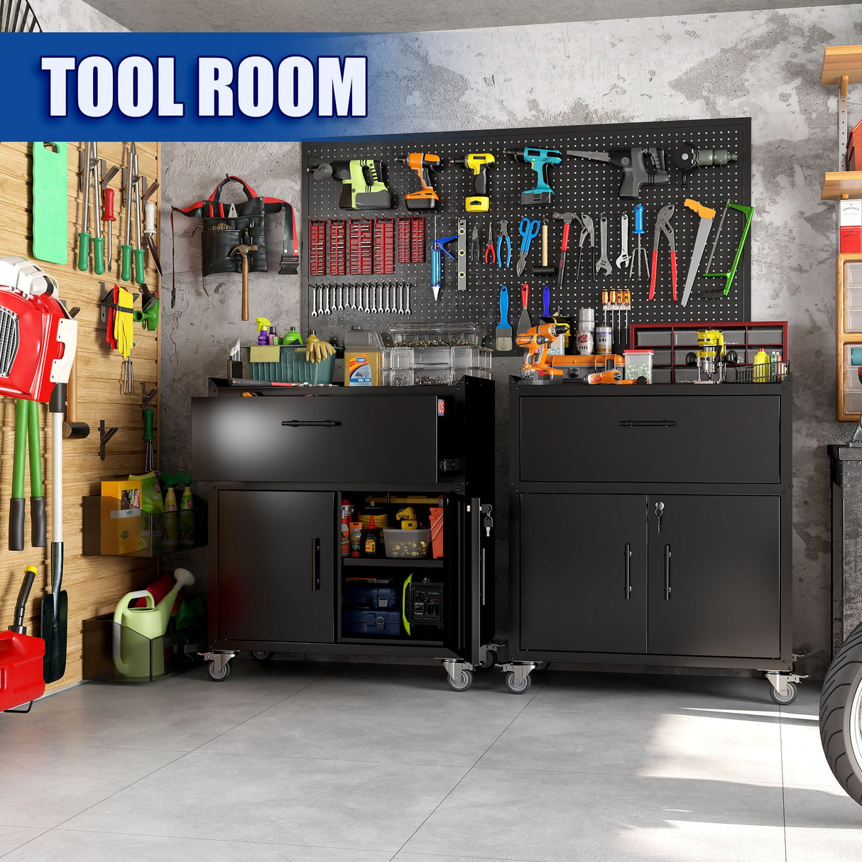 Rolling Metal Tool Storage Cabinet, Lockable Garage Storage Cabinet, Locking Metal Storage Cabinet With Wheels, Rolling Tool Chest, Assembly Required - Black