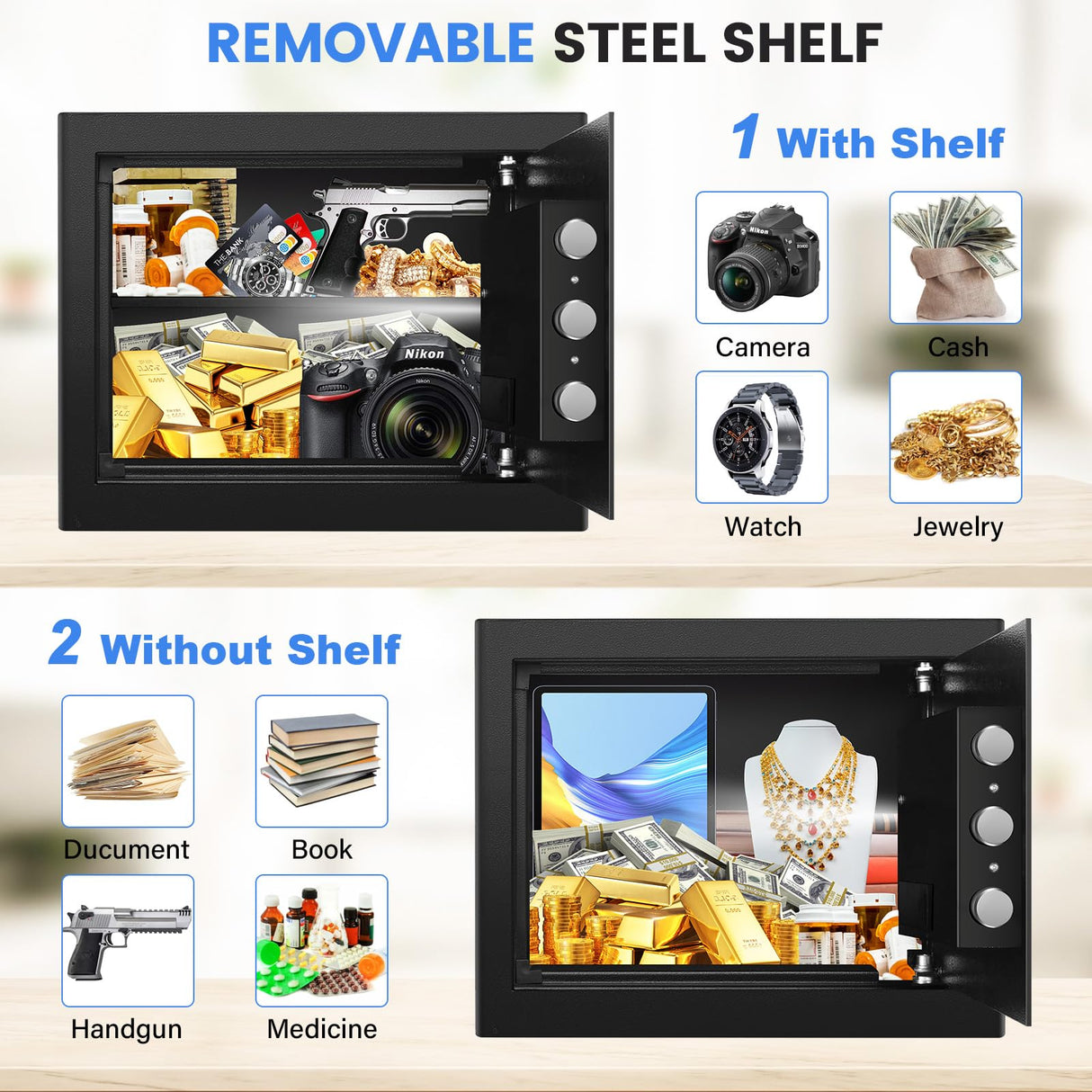 1.2 Cu Ft Home Safe Fireproof Waterproof, Small Fireproof Safe with Keypad and Removable Shelf, Digital Home Security Safety Box for Money Firearm Medicines Valuables Thmosz