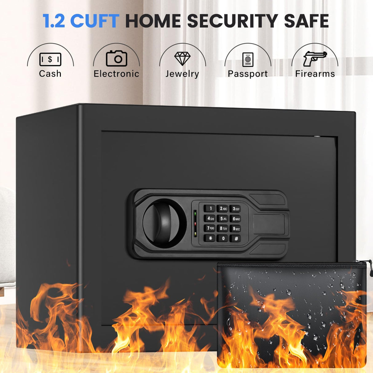 1.2 Cu Ft Home Safe Fireproof Waterproof, Small Fireproof Safe with Keypad and Removable Shelf, Digital Home Security Safety Box for Money Firearm Medicines Valuables Thmosz