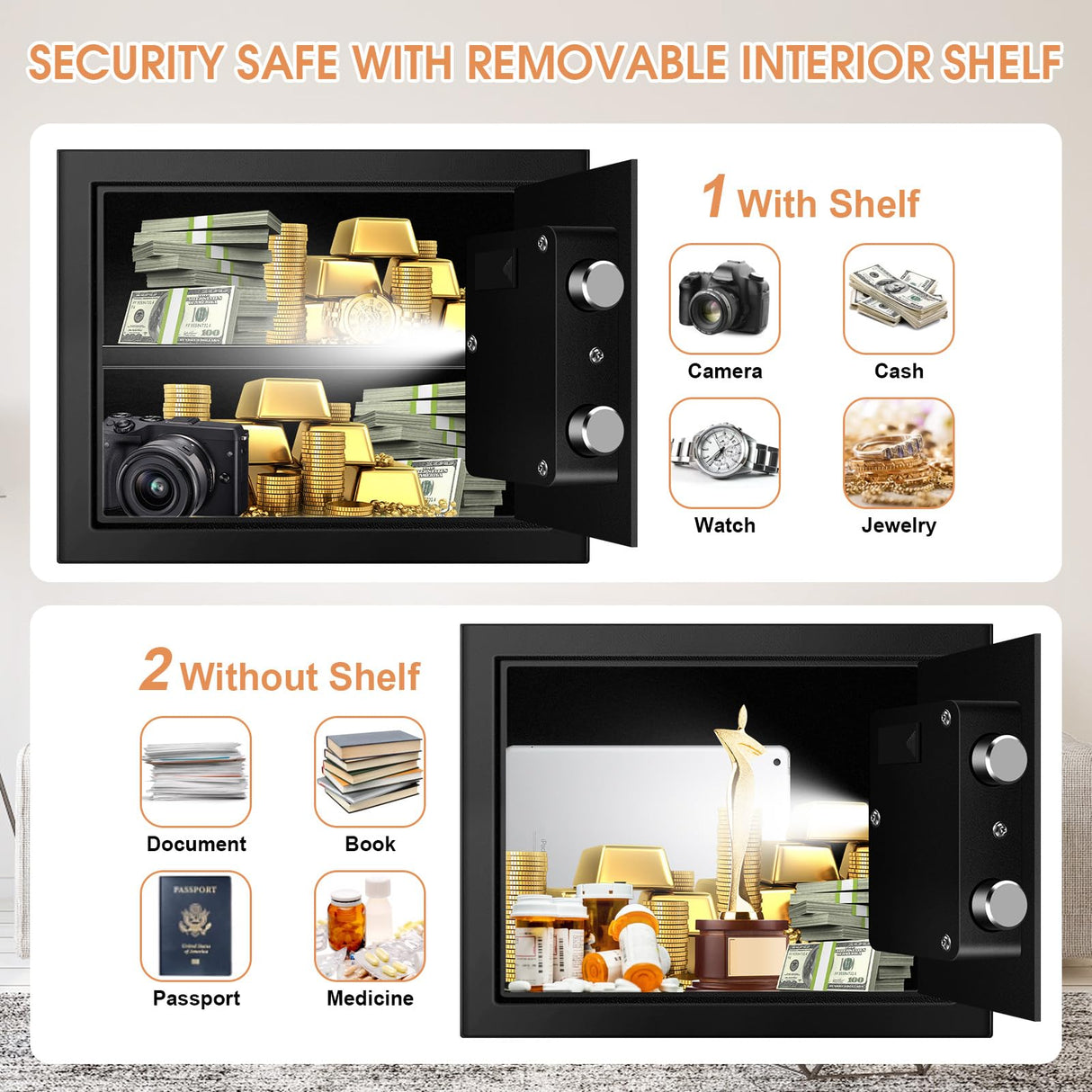 1.2 Cub Small Fireproof Safes for Home Use, Digital Home Safe Fireproof Waterproof with Programmable Keypad, Spare Keys and Removable Shelf, Fire Safe Box for Money Medicines Valuables Homirxan