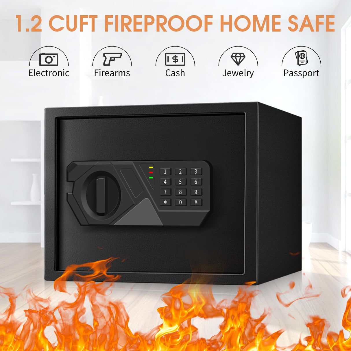 1.2 Cub Small Fireproof Safes for Home Use, Digital Home Safe Fireproof Waterproof with Programmable Keypad, Spare Keys and Removable Shelf, Fire Safe Box for Money Medicines Valuables Homirxan