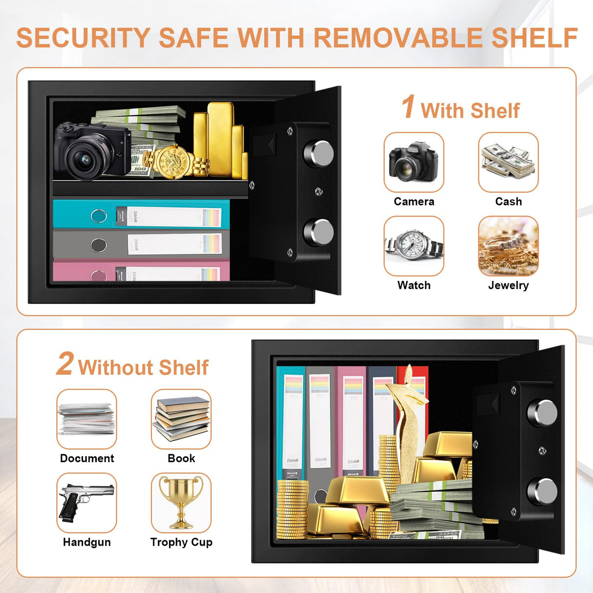 1.2 Cuft Safe Box Fireproof Waterproof for Home, Fire proof Safes with Digital Keypad, Spare Keys and Removable Shelf, Security Fire Safe for Money Firearms Medicine Valuables VIDXCVIT