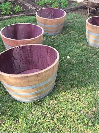 1/2 Oak Wine Barrel Planter 27" W x 18" H Made by Wine Barrel Creations Inc. BOTARO