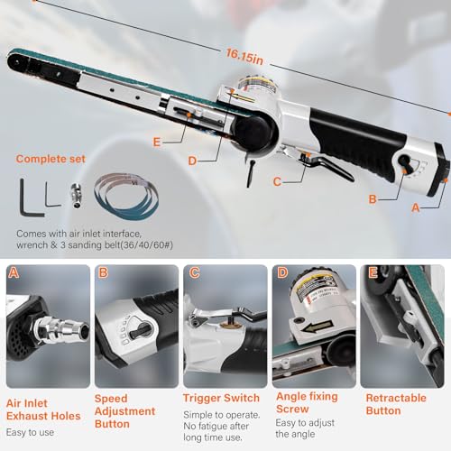 1/2" x 18"Air Belt Sander, Mini Belt Sander for Woodworking/Metal Working Handheld All Angle Grinder Belt Sander with 3 Belts (36/40/60#) Industrial - WoodArtSupply