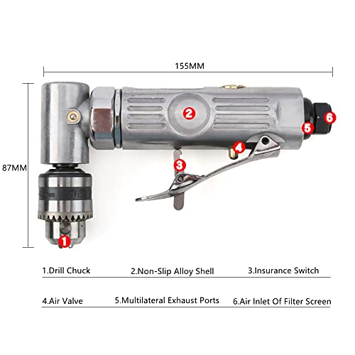 1/4'' 90 Degree Air Drill Pneumatic Drill Right Angle Drill Pneumatic Pistol Drill Pneumatic Drill Tool Power Screwdriver Drill WoodArtSupply