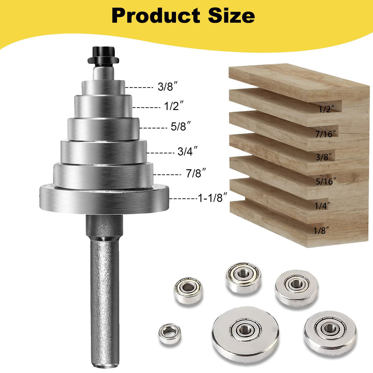 1/4 Inch Shank Rabbet Router Bit Set, 3 Pieces Carbide Tipped Rabbeting Router Bit with 6 Bearings Set, Interchangeable and Adjustable Bearing Dawnjaccee