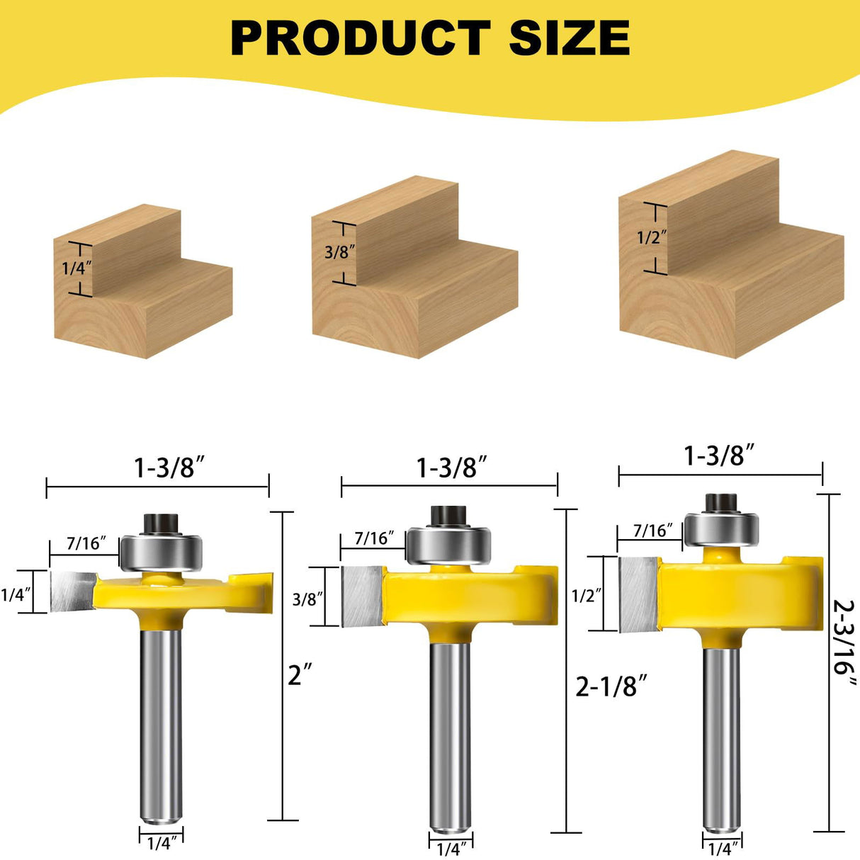 1/4 Inch Shank Rabbet Router Bit Set, 3 Pieces Carbide Tipped Rabbeting Router Bit with 6 Bearings Set, Interchangeable and Adjustable Bearing Dawnjaccee