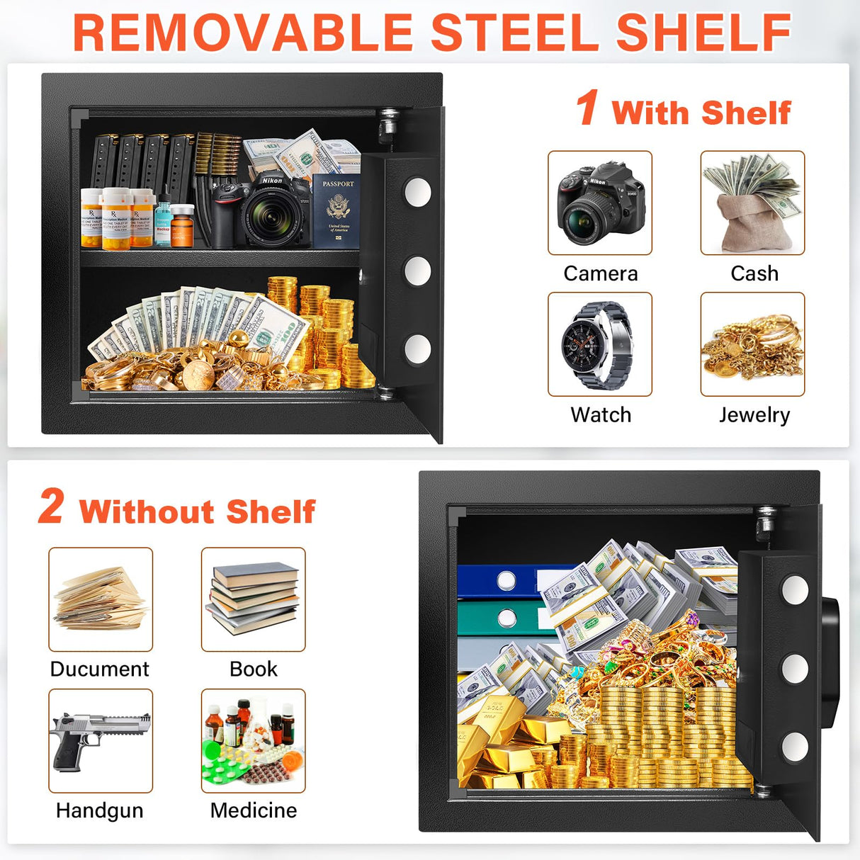 1.6 Cu Ft Home Safe Fireproof Waterproof, Fireproof Safe with Fireproof Document Bag, Programmable Keypad & Removable Shelf, Digital Home Security Safe Box for Money Firearm Medicines Valuables Mitlvge