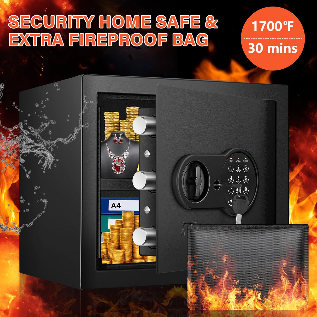 1.6 Cu Ft Home Safe Fireproof Waterproof, Fireproof Safe with Fireproof Document Bag, Programmable Keypad & Removable Shelf, Digital Home Security Safe Box for Money Firearm Medicines Valuables Mitlvge