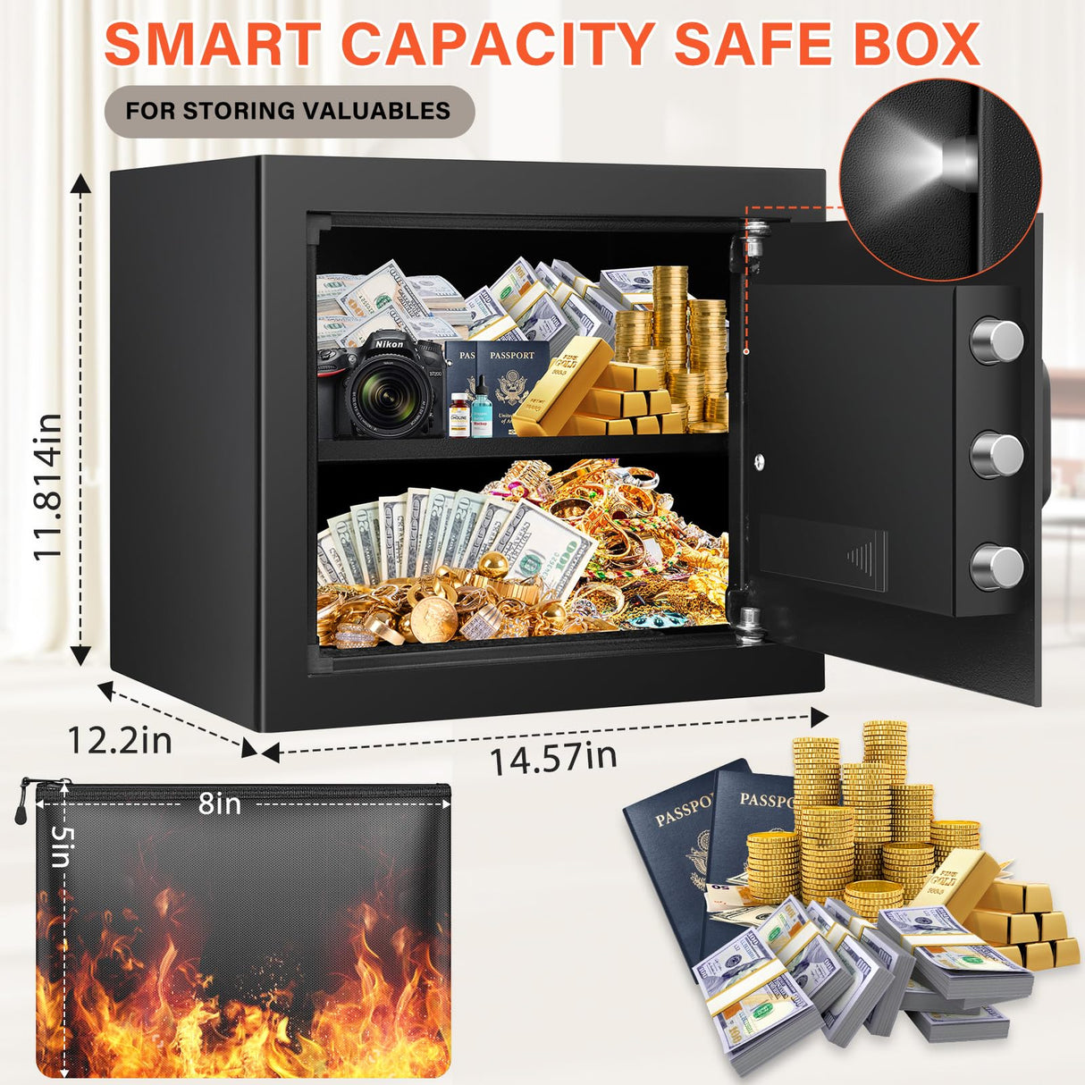 1.6 Cu Ft Home Safe Fireproof Waterproof, Fireproof Safe with Fireproof Document Bag, Programmable Keypad & Removable Shelf, Digital Home Security Safe Box for Money Firearm Medicines Valuables Mitlvge