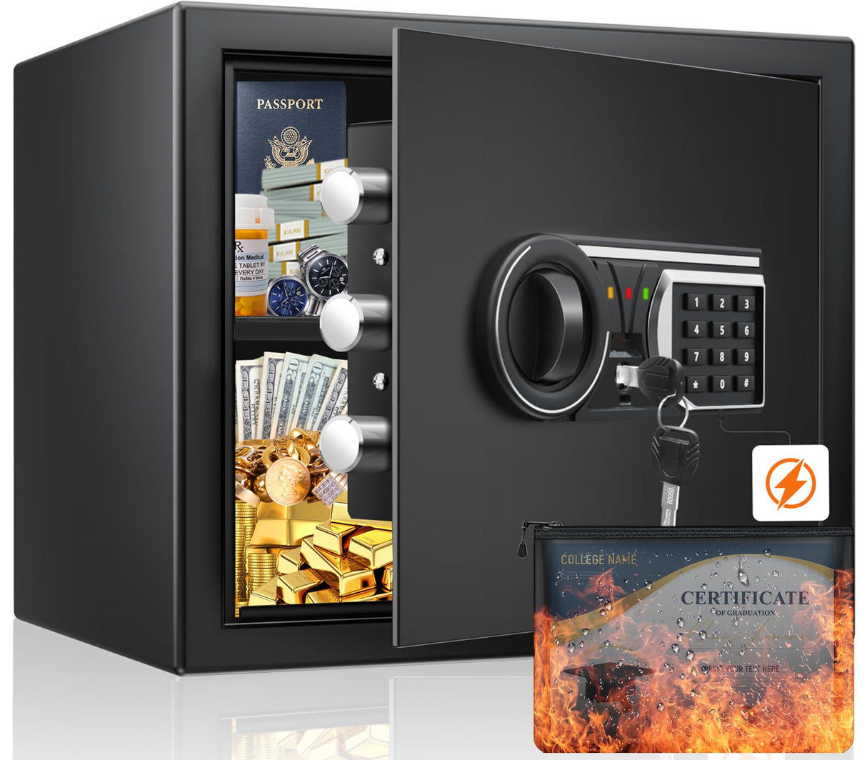 1.6 Cu Ft Home Safe Fireproof Waterproof, Fireproof Safe with Keypad and Removable Shelf, Digital Home Security Safety Box for Money Firearm Medicines Valuables Surtisita