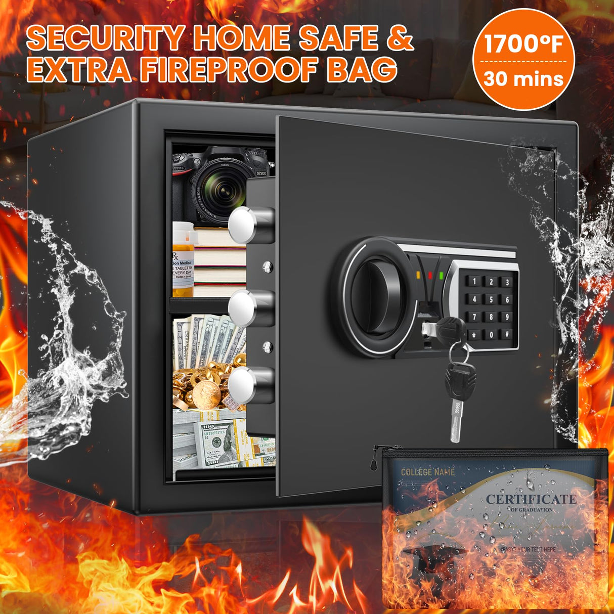 1.6 Cu Ft Home Safe Fireproof Waterproof, Fireproof Safe with Keypad and Removable Shelf, Digital Home Security Safety Box for Money Firearm Medicines Valuables Surtisita