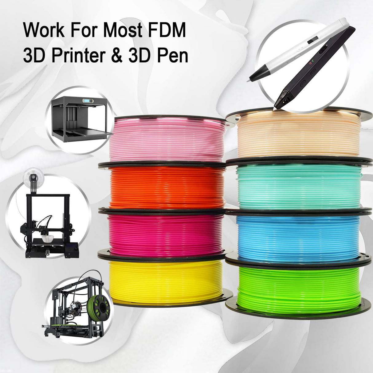 1.75mm 3D Printer PLA Filament 8 Colors Bundle: Pink, Yellow, Orange, Lime Green, Sky Blue, Cyan, Beige, Rose Red, 8 Spools Packed, Each 250g, Total 2Kg 3D Printing Material, 250g x 8 Spools DO3D