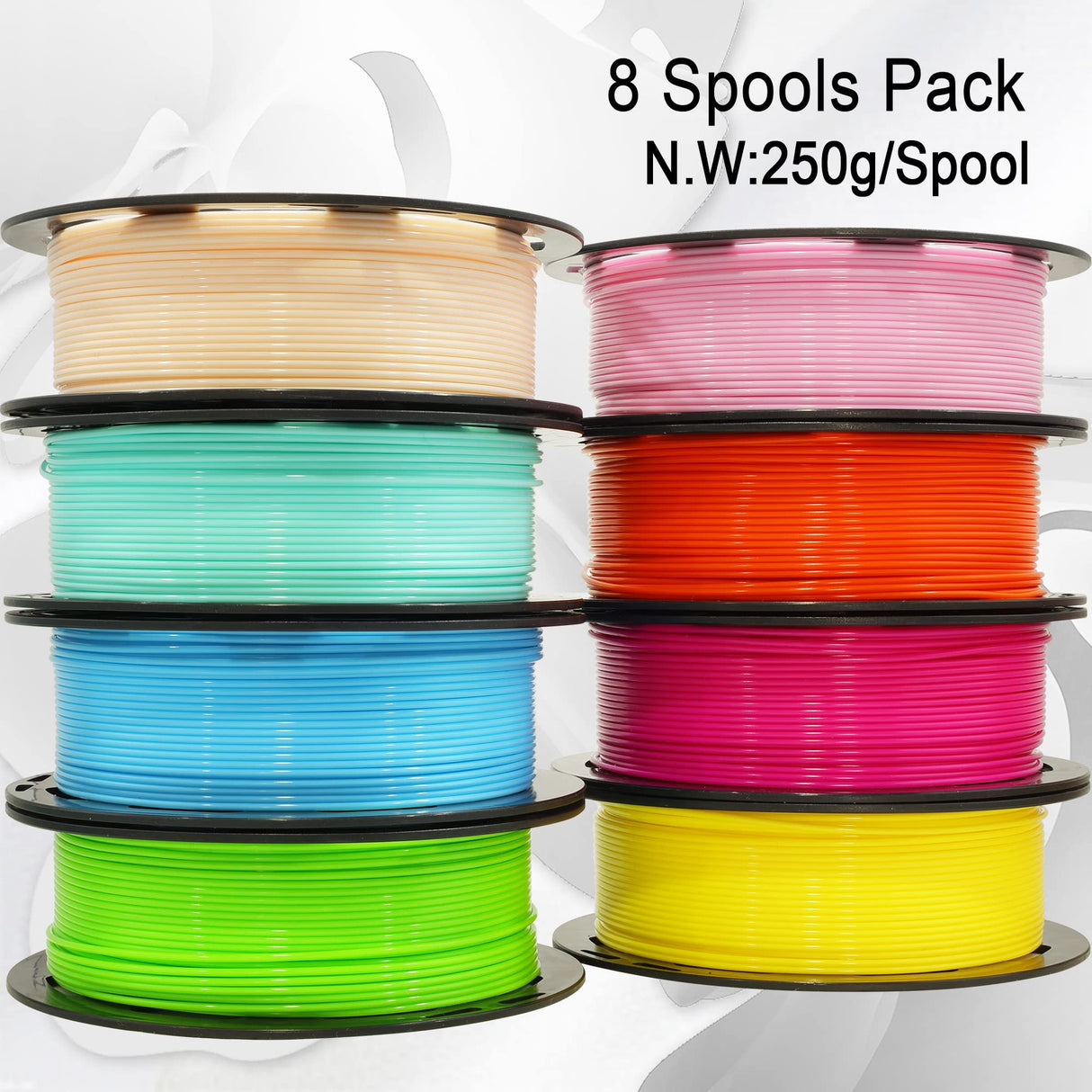 1.75mm 3D Printer PLA Filament 8 Colors Bundle: Pink, Yellow, Orange, Lime Green, Sky Blue, Cyan, Beige, Rose Red, 8 Spools Packed, Each 250g, Total 2Kg 3D Printing Material, 250g x 8 Spools DO3D