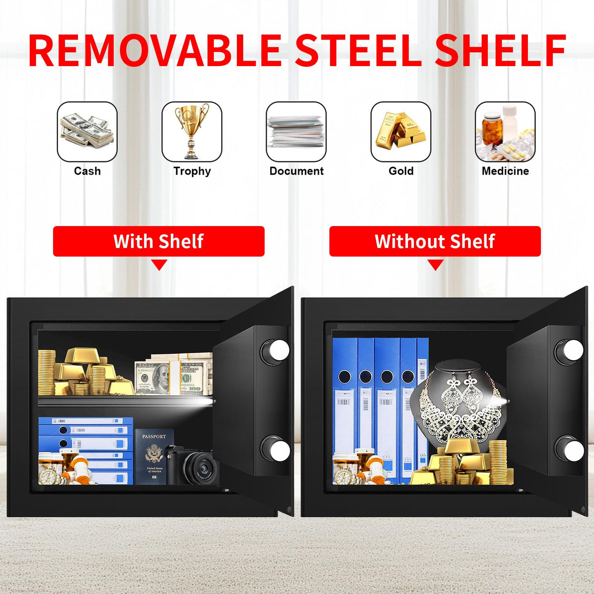 1.8 Cubic Feet Small Personal Safe for Home Use, Anti-theft Fireproof Lock Box with Programmable Keypad, Spare Keys and Removable Shelf, Digital Home Security Safe for Money Documents Medicines Psisuvry