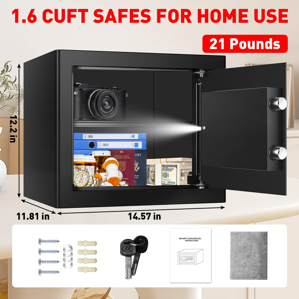 1.8 Cubic Feet Small Personal Safe for Home Use, Anti-theft Fireproof Lock Box with Programmable Keypad, Spare Keys and Removable Shelf, Digital Home Security Safe for Money Documents Medicines Psisuvry