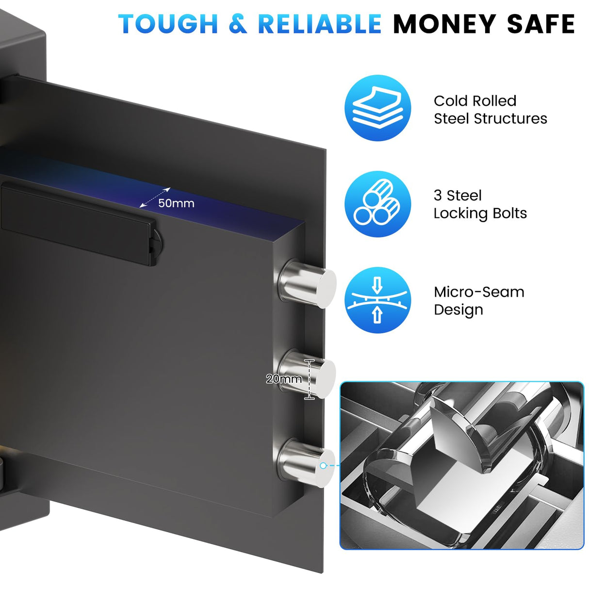 1.8 Cuft Safes for Home, Fireproof Safe Box, Home Safes Fireproof Waterproof with Electronic Keypad, Spare Key, Smart Alert, Security Fire Proof Safe for home documents Money Medicine FOWORE