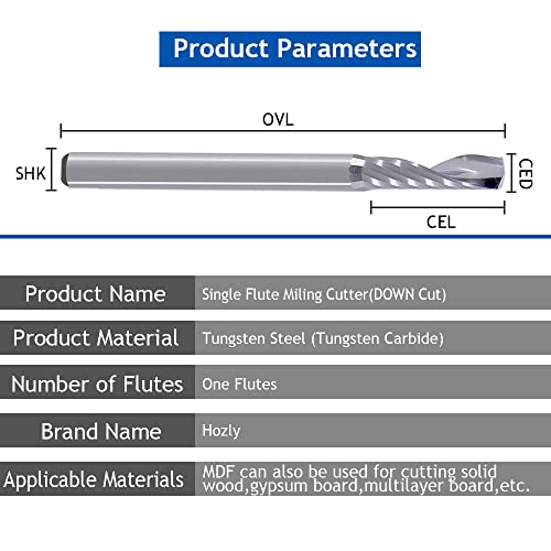 1/8 Inch Down Cut Single Flute (O Flute) Spiral End Mill CNC Router Bits ,with 1/8 Inch Cutting Dia,1 Inch Cutting Length for Acrylic PVC MDF Wood HOZLY