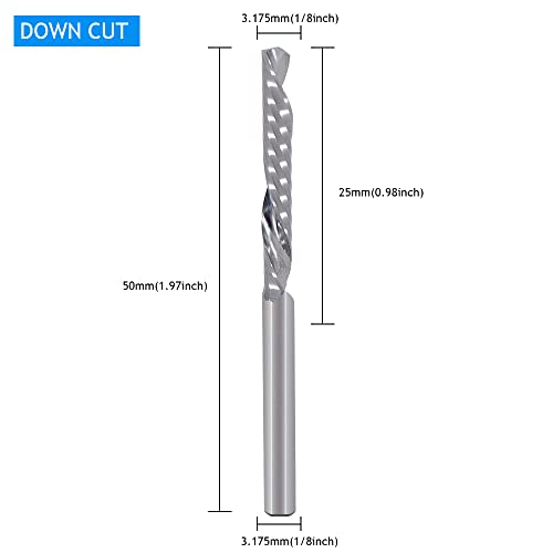 1/8 Inch Down Cut Single Flute (O Flute) Spiral End Mill CNC Router Bits ,with 1/8 Inch Cutting Dia,1 Inch Cutting Length for Acrylic PVC MDF Wood HOZLY