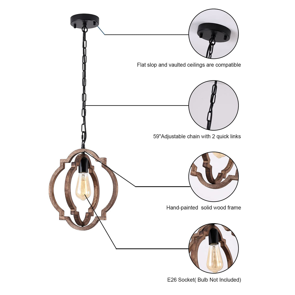 1-Light Farmhouse Wood Chandelier,Rustic Retro Pendant Light.Adjustable Height Handmade Rustic Light Fixture for Foyer, Dining&Living Room, Kitchen Island, Entryway, Breakfast Area(Colour: Black) MWZ