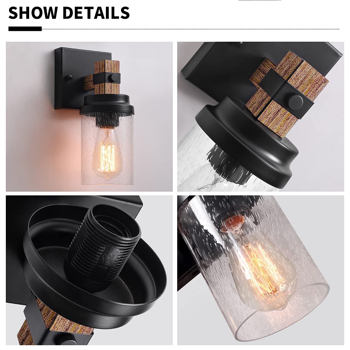 1-Light Rustic Wall Sconces Farmhouse Bathroom Light Fixtures Over Mirror, Handmade Wood Vanity Light Fixtures with Pretty Glass Shade, Wall Sconce for Bathroom Hallway Bedroom ZSMIHDOH