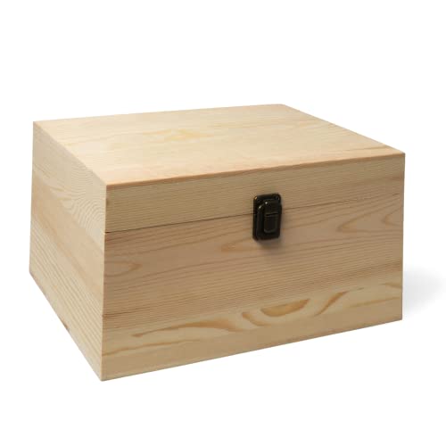 (1-Pack) 10.8x7x8x5.7-Inch Large Unfinished Wooden Box with Hinged Lid & Front Clasp for DIY Art Project Crafts Woodcraft Keepsake - Easy to Stain VIKOS Products