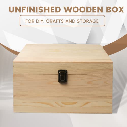 (1-Pack) 10.8x7x8x5.7-Inch Large Unfinished Wooden Box with Hinged Lid & Front Clasp for DIY Art Project Crafts Woodcraft Keepsake - Easy to Stain VIKOS Products