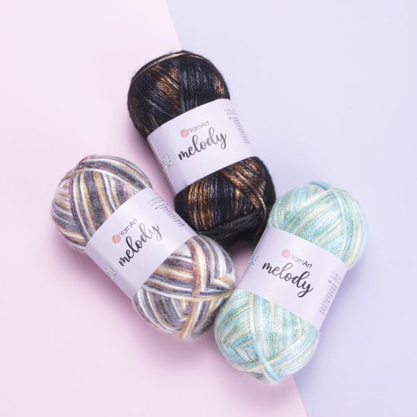 1 Ball YarnArt Melody Variegated, Chainette Yarn, Shiny Metallic Sheen Yarn for Knitting, Crochet, Embroidery, 100 grams (3.5 oz), 230 meters (251 yards), 70% Polyamide 21% Acrylic 9% Wool Blend (901) YarnArt