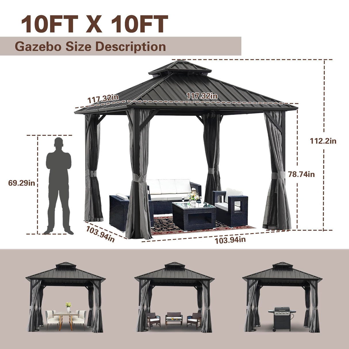 10 * 10FT Patic Gazebo with Steel Canopy,Outdoor Permanent Hardtop Gazebo Canopy for Patio, Garden, Backyard Endark