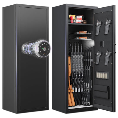 10-12 Gun Safe,Gun Safe for Rifles and Pistols,Fingerprint Gun Cabinet and Password Lock, Biometric Gun Safes for Home with Adjustable Shelves and Pistol Pouches