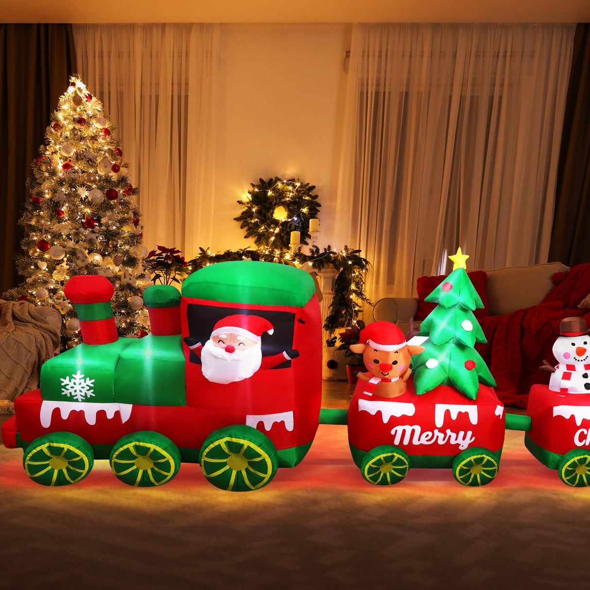 10.7 FT Christmas Inflatables Train with Santa Claus Reindeer Snowman Christmas Tress Built-in LED Lights Blow Up Christmas Decor for Christmas Party Holiday Outdoor Garden Lawn Yard Decorations MGparty