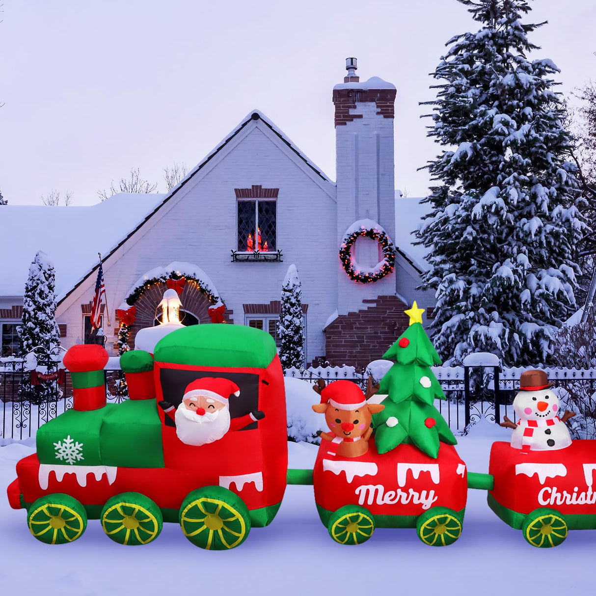 10.7 FT Christmas Inflatables Train with Santa Claus Reindeer Snowman Christmas Tress Built-in LED Lights Blow Up Christmas Decor for Christmas Party Holiday Outdoor Garden Lawn Yard Decorations MGparty