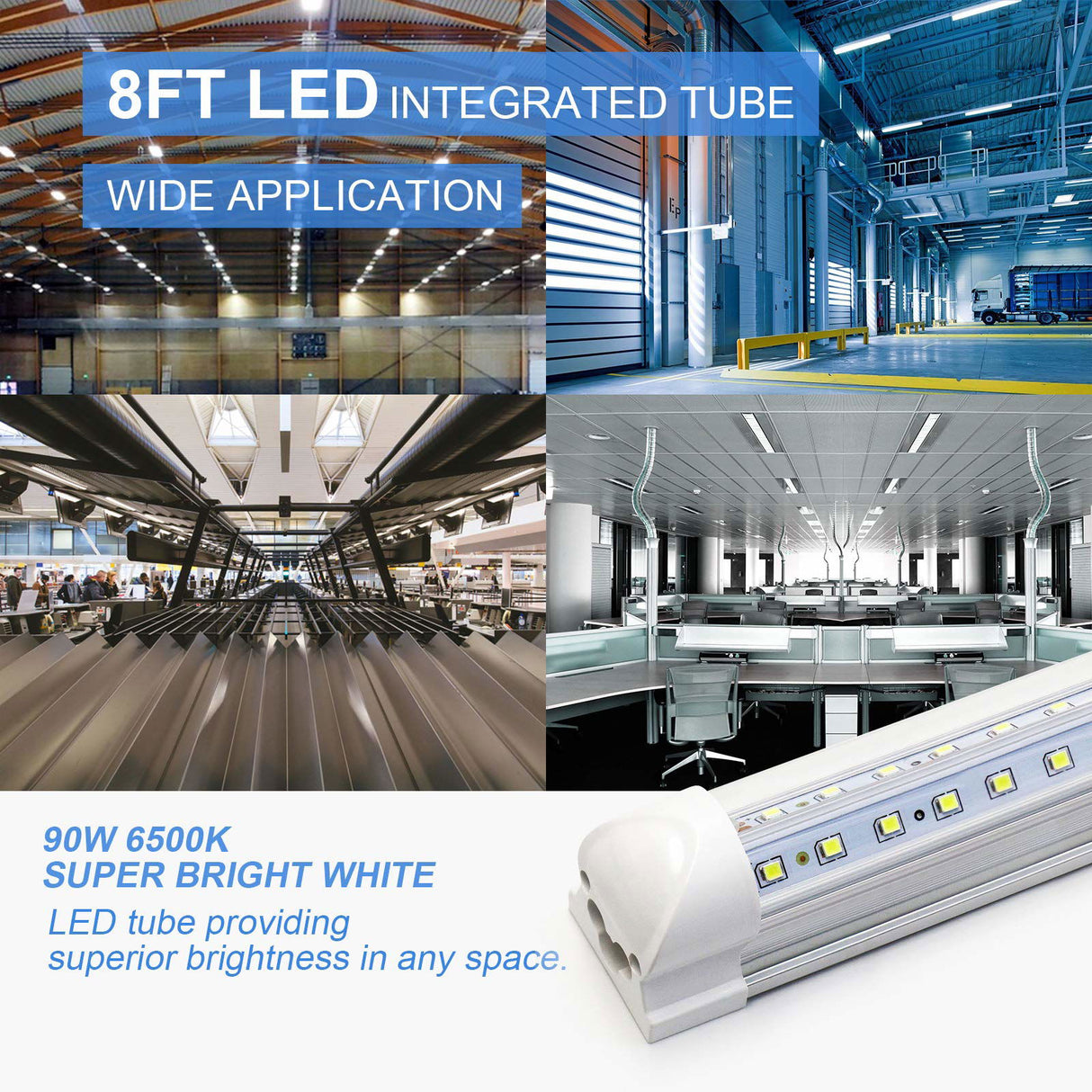 10-Pack 8ft LED Shop Light Fixture - 90W T8 Integrated LED Tube Light - 6500K 12000LM V-Shape Linkable - High Output - Clear Cover - Plug and Play - Phiwicsh