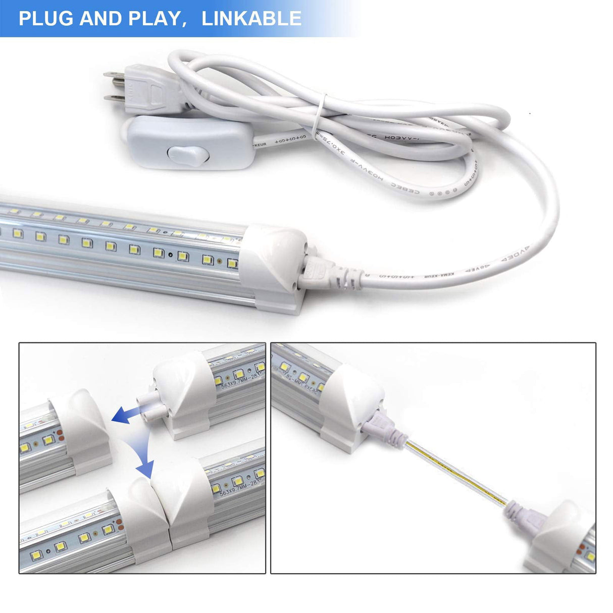 10-Pack 8ft LED Shop Light Fixture - 90W T8 Integrated LED Tube Light - 6500K 12000LM V-Shape Linkable - High Output - Clear Cover - Plug and Play - Phiwicsh