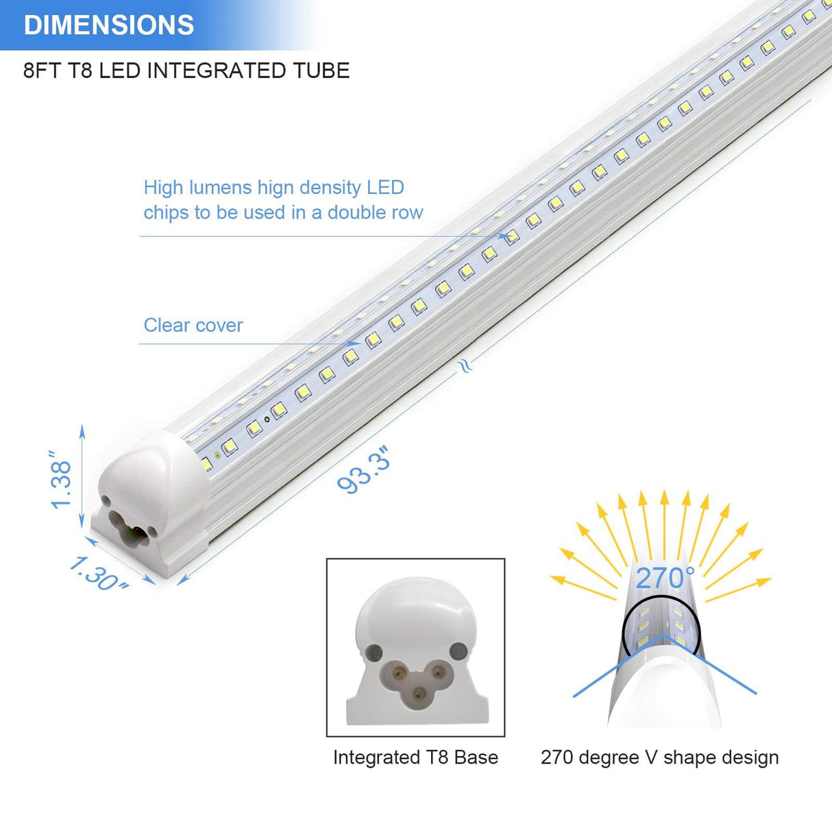 10-Pack 8ft LED Shop Light Fixture - 90W T8 Integrated LED Tube Light - 6500K 12000LM V-Shape Linkable - High Output - Clear Cover - Plug and Play - Phiwicsh