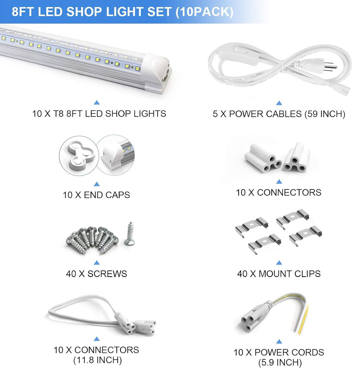 10-Pack 8ft LED Shop Light Fixture - 90W T8 Integrated LED Tube Light - 6500K 12000LM V-Shape Linkable - High Output - Clear Cover - Plug and Play - Phiwicsh
