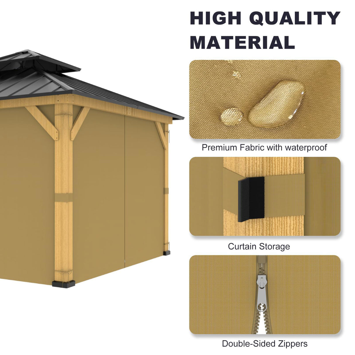 10-ft x 12-ft Gazebo Curtains,Privacy Replacement Sidewall 4-Panel Universal Shade Curtains Set,Protecting Side Walls (Only Curtain)-Khaki Zupoquk