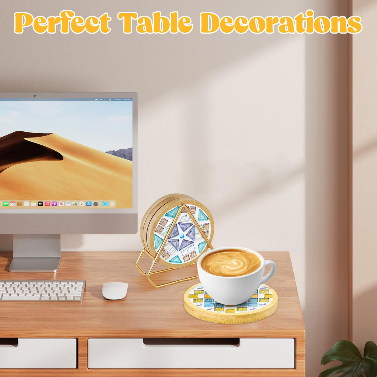 10 Set DIY Mosaic Tiles for Crafts Mixed Color Glass Mosaic Kits with Wooden Coasters DlY Coasters Kit Mosaic Supplies for Adult DIY Kit Bamboo Coaster for Drinks Tray Airsnigi