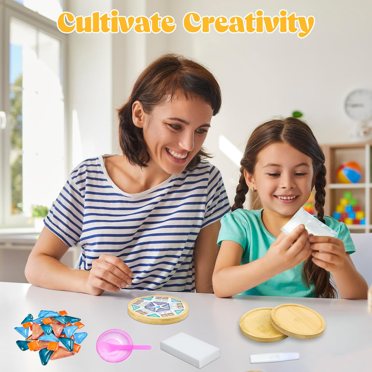 10 Set DIY Mosaic Tiles for Crafts Mixed Color Glass Mosaic Kits with Wooden Coasters DlY Coasters Kit Mosaic Supplies for Adult DIY Kit Bamboo Coaster for Drinks Tray Airsnigi