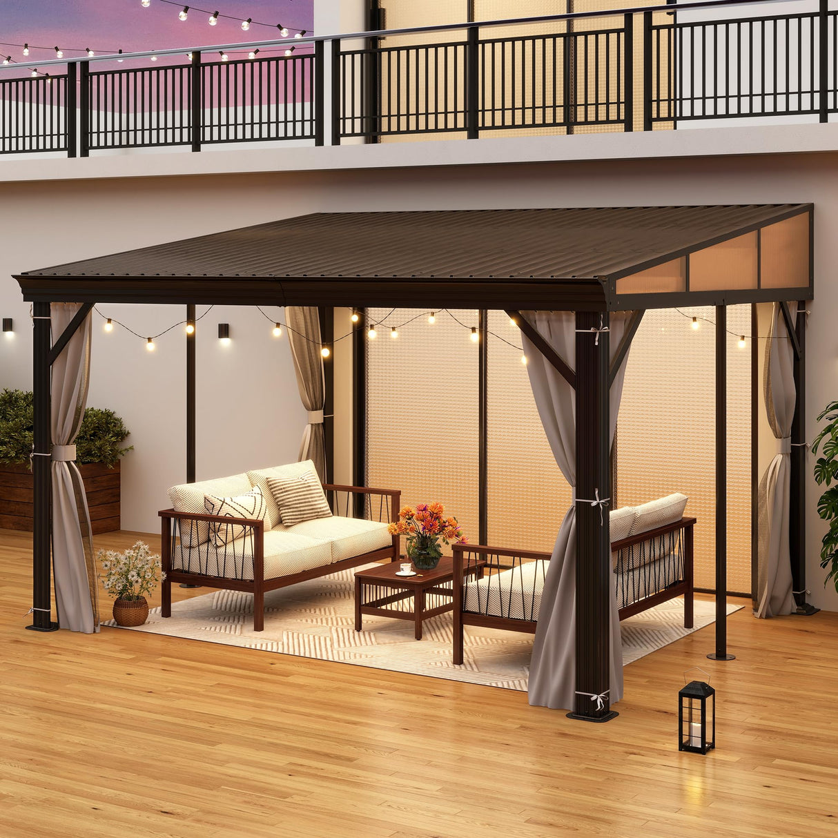 10' x 12' Hardtop Wall Mounted Gazebo, Lean to Gazebo with Galvanized Steel Roof Aluminum Frame Wall Gazebos Pergola with Netting&Curtains for Outdoor, Backyard, Patio Raysfung