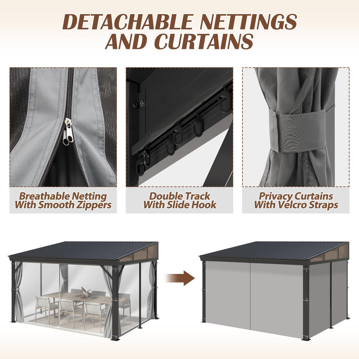 10' x 12' Hardtop Wall Mounted Gazebo, Lean to Gazebo with Galvanized Steel Roof Aluminum Frame Wall Gazebos Pergola with Netting&Curtains for Outdoor, Backyard, Patio Raysfung