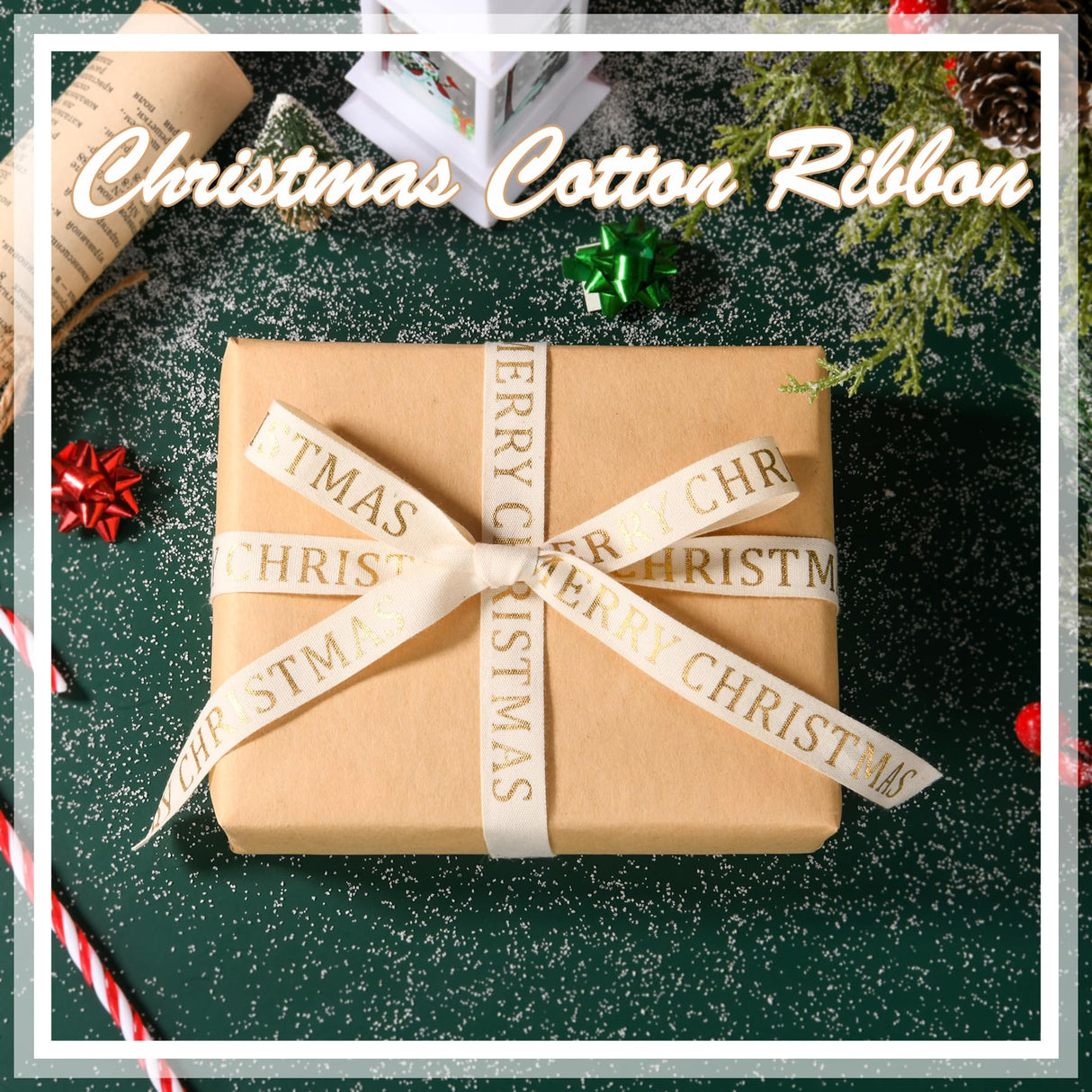 10 Yard Christmas Cotton Ribbon - Glitter, Elegant, Merry, Natural for Craft Gift Wrapping (Golden) WHQXFDZ