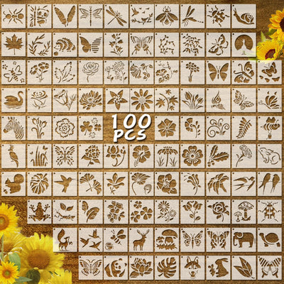 100 Pieces Stencil for Painting,3 Inch Flower Stencils DIY Craft Animal Reusable Template Paint Stencils for Painting on Wood, Crafts, Wall Home Decor