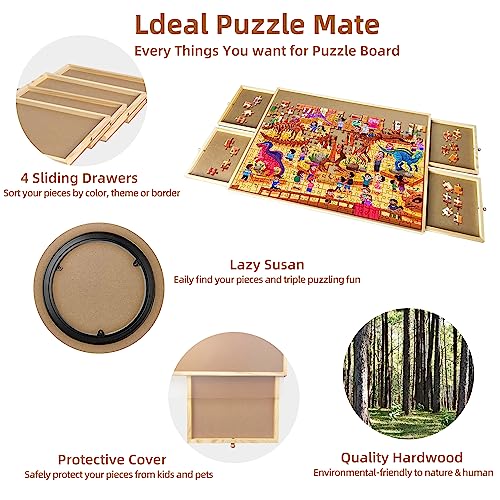 1000 Piece Wooden Jigsaw Puzzle Table - 4 Drawers, Puzzle Board | Portable, Rotating Puzzle Table for Adults and Kids. Keep All Your Puzzle Pieces Organized - 22 1/4” x 30" Sidypro