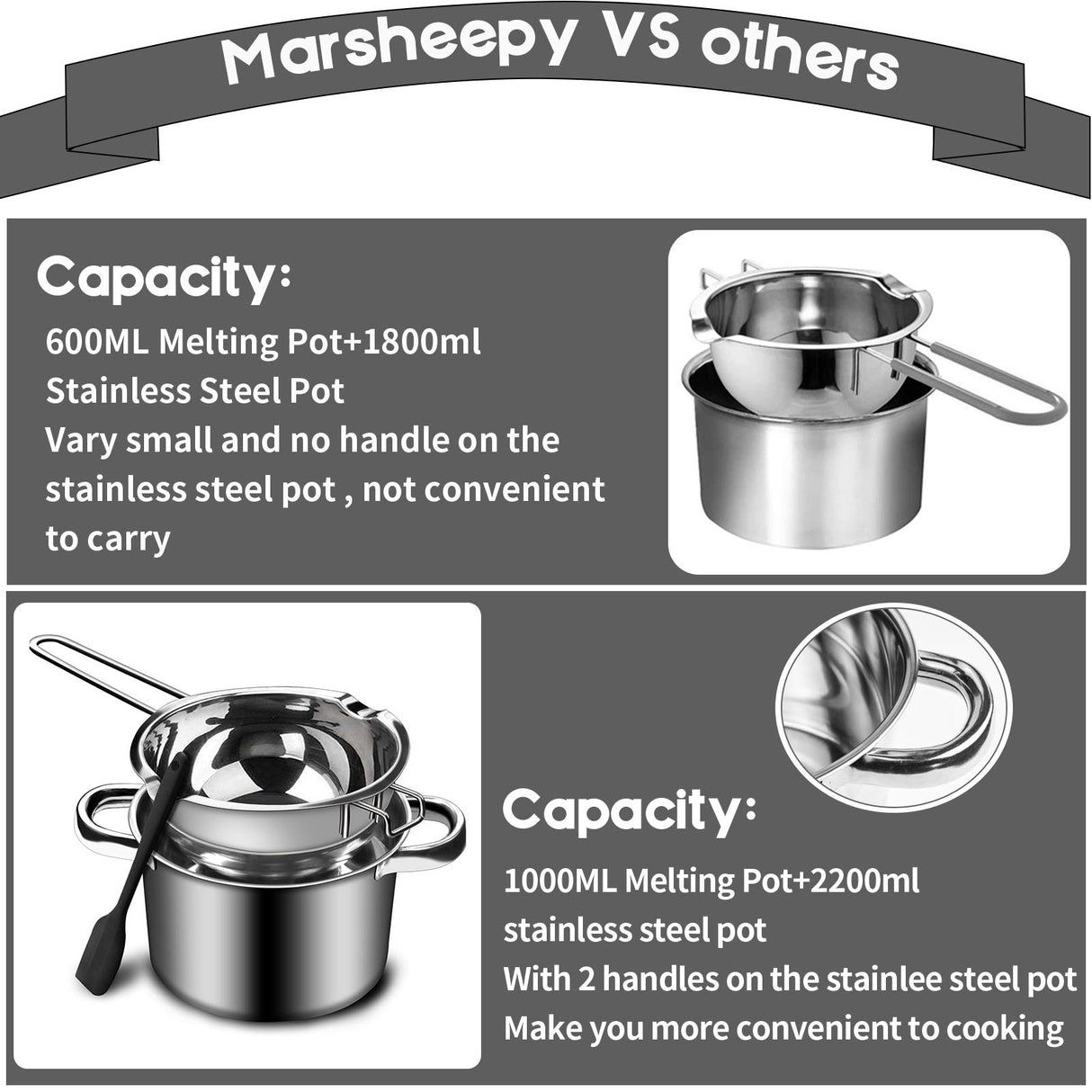 1000ML/1QT Double Boiler Chocolate Melting Pot with 2QT 304 Stainless Steel Pot, Chocolate Melting Pot with Silicone Spatula for Melting Chocolate, Candy, Candle, Soap, Wax Marsheepy
