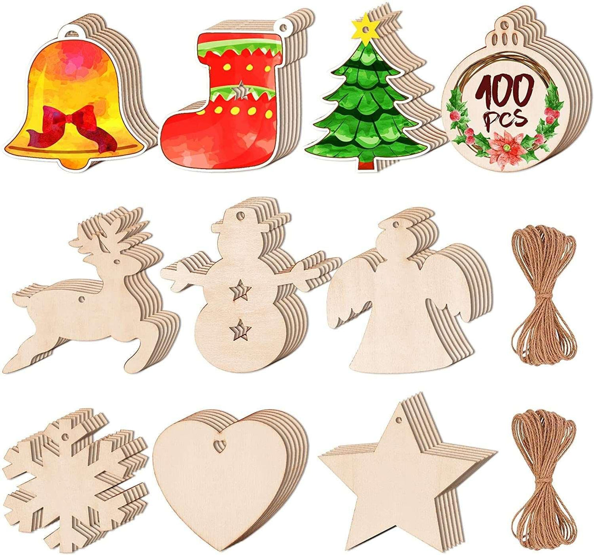 100PCS DIY Wooden Christmas Ornaments Unfinished Predrilled Wood Circles for Crafts Centerpieces Holiday Hanging Decorations in 10 Shapes WoodArtSupply