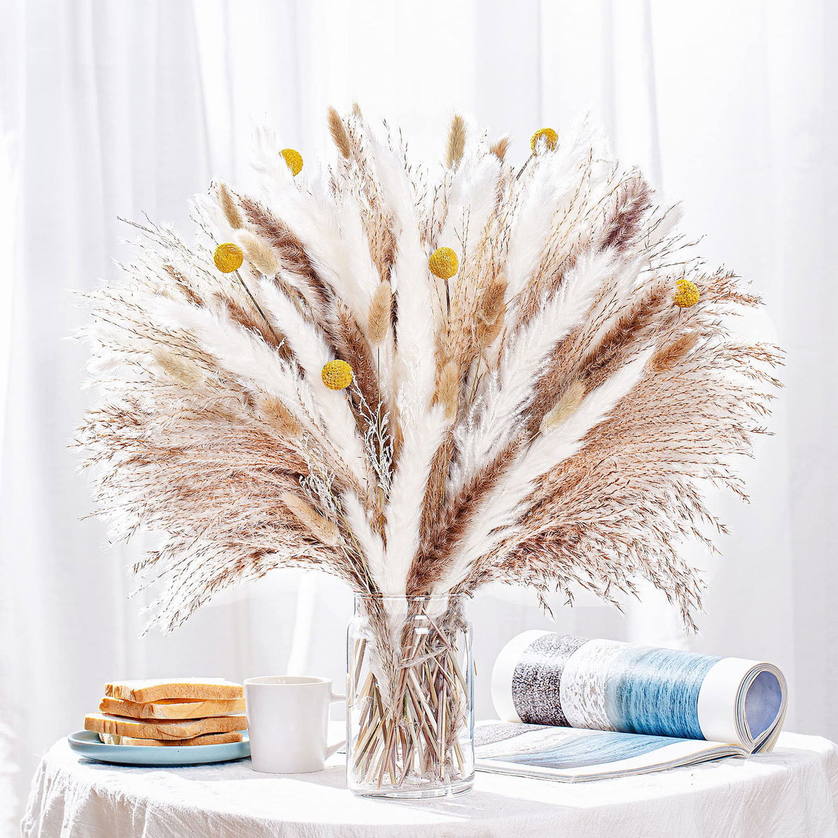 100PCS Natural Dried Pampas Grass Decor - 17.5" Fluffy Pampas Grass Bouquet - Boho Home Decor Dried Flowers for Wedding Floral Room Home Party Table Decorations Secatoho